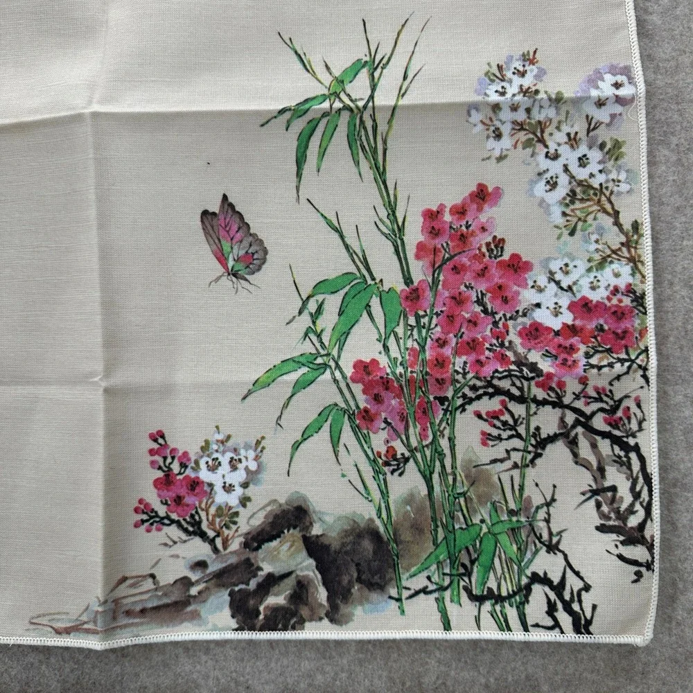 VTG Napkins Set of 4 Cream Asian Floral Bamboo Butterfly Print 19